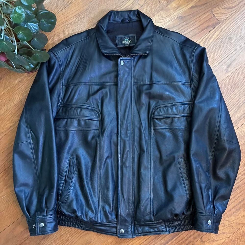 RedHead Mens Black Leather Bomber Jacket Full Zip Coat Size XLT Extra Large Tall